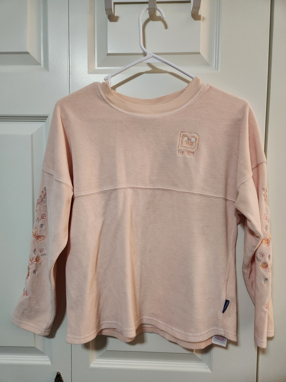 Disney Girls Light Peach Crewneck Sweatshirt W/Embroidered Sleeves Sprit Jersey